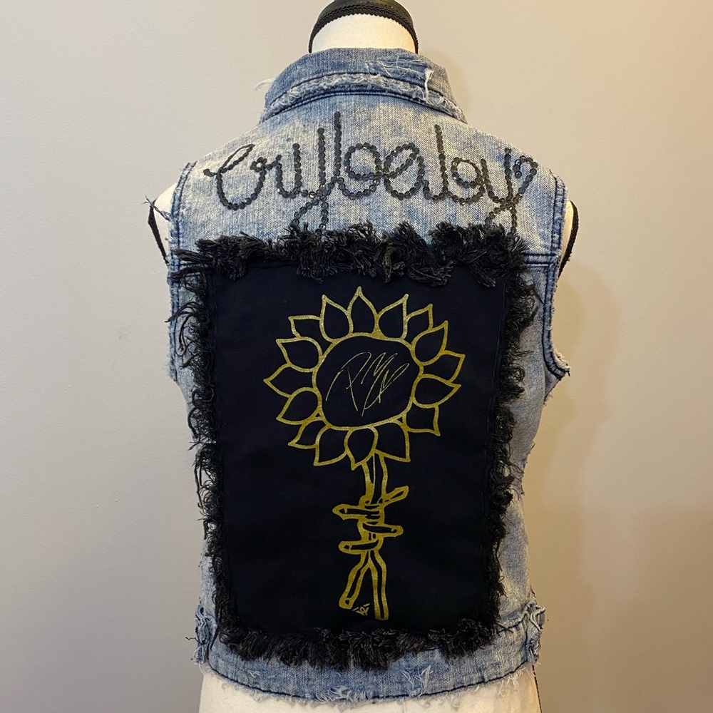 Denim Vest Distressed Upcycled - crybaby on back Size S Streetwear Grunge Artsy